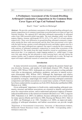 A Preliminary Assessment of the Ground-Dwelling Arthropod Community Composition in Six Common Dune Cover Types at Cape Cod National Seashore