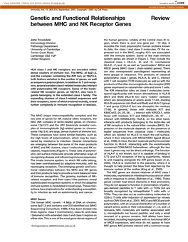 Review Genetic and Functional Relationships Between MHC and NK Receptor Genes