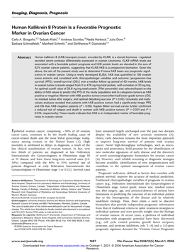 Human Kallikrein 8 Protein Is a Favorable Prognostic Marker in Ovarian Cancer Carla A