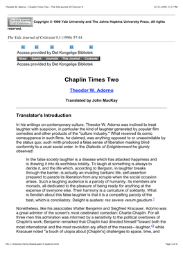 Theodor W. Adorno - Chaplin Times Two - the Yale Journal of Criticism 9: 12/11/2005 11:17 PM