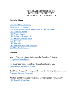 Graduate Student Guide Department of History Louisiana State University