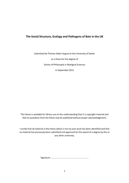 The Social Structure, Ecology and Pathogens of Bats in the UK