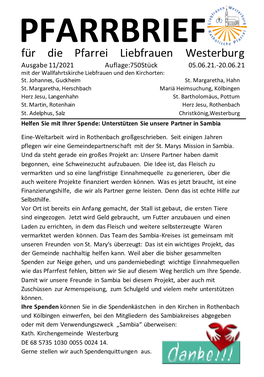 PFARRBRIEF Für Die Pfarrei Liebfrauen Westerburg Ausgabe 11/2021 Auflage:750Stück 05.06.21.-20.06.21 Mit Der Wallfahrtskirche Liebfrauen Und Den Kirchorten: St