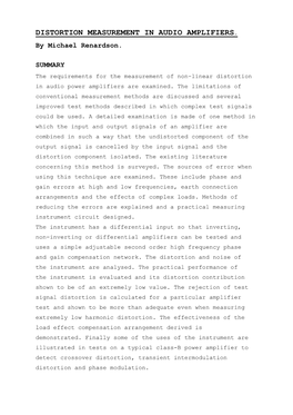 DISTORTION MEASUREMENT in AUDIO AMPLIFIERS. by Michael Renardson