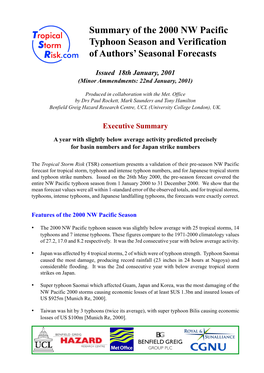 Summary of the 2000 NW Pacific Typhoon Season and Verification of Authors’ Seasonal Forecasts