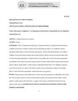 4312-50 DEPARTMENT of the INTERIOR National Park Service [NPS-WASO-NAGPRA-; PPWOCRADN0-PCU00RP14.R50000] Notice of Inventory