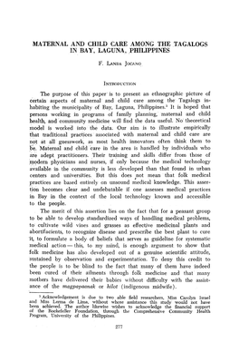 Maternal and Child Care Among the Tagalogs in Bay, Laguna, Philippines