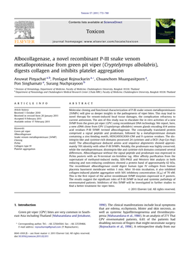 Albocollagenase, a Novel Recombinant P-III Snake Venom Metalloproteinase from Green Pit Viper (Cryptelytrops Albolabris), Digest