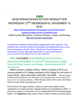 November 14, 2018, Vegetarian/Vegan Action Newsletter