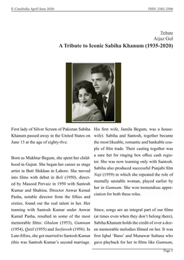 A Tribute to Iconic Sabiha Khanum (1935-2020)