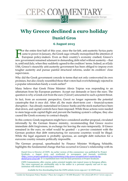 Why Greece Declined a Euro Holiday Daniel Gros 6 August 2015