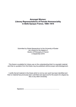 Amongst Women: Literary Representations of Female Homosociality in Belle Epoque France, 1880–1914