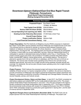 Downtown-Uptown-Oakland-East End Bus Rapid Transit Pittsburgh, Pennsylvania Small Starts Project Development (Rating Assigned November 2019)