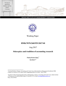 Working Paper IIMK/WPS/260/FIN/2017/40 Aug