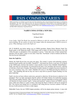 RSIS COMMENTARIES RSIS Commentaries Are Intended to Provide Timely And, Where Appropriate, Policy Relevant Background and Analysis of Contemporary Developments