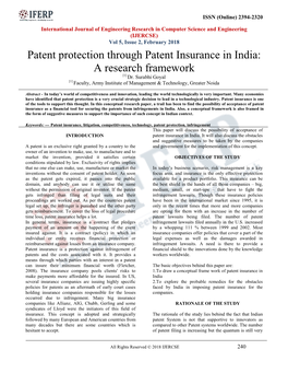 Patent Protection Through Patent Insurance in India: a Research Framework [1] Dr