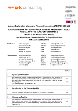 African Exploration Mining and Finance Corporation (AEMFC) SOC Ltd ENVIRONMENTAL AUTHOURISATION for EMP AMENDMENT, IWULA AND