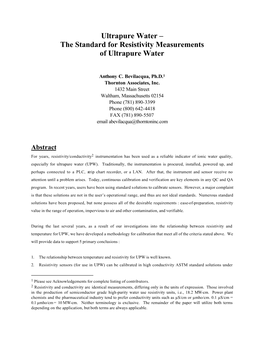 Ultrapure Water – the Standard for Resistivity Measurements of Ultrapure Water