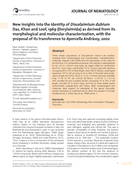 JOURNAL of NEMATOLOGY New Insights Into the Identity Of