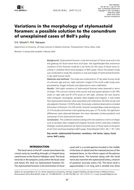 Variations in the Morphology of Stylomastoid Foramen: a Possible Solution to the Conundrum of Unexplained Cases of Bell’S Palsy S.K