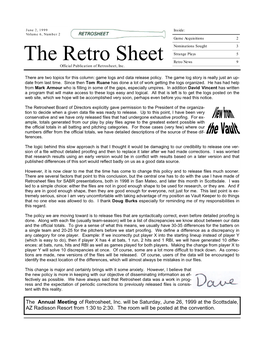 The Retro Sheet Retro News 9 Official Publication of Retrosheet, Inc