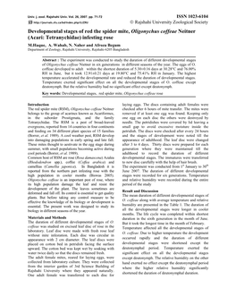 Developmental Stages of Red the Spider Mite, Oligonychus Coffeae Neitner (Acari: Tetranychidae) Infesting Rose M.Haque, A