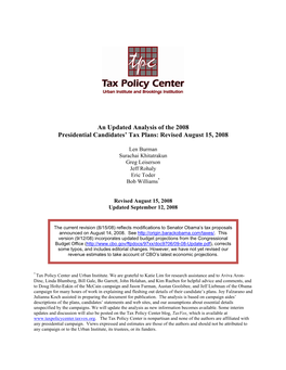 An Updated Analysis of the 2008 Presidential Candidates’ Tax Plans: Revised August 15, 2008