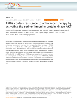 TRIB2 Confers Resistance to Anti-Cancer Therapy by Activating the Serine/Threonine Protein Kinase AKT