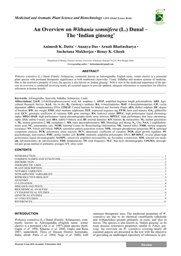 An Overview on Withania Somnifera (L.) Dunal – the 'Indian Ginseng'