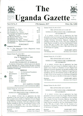 Uganda Gazette No. 5, Volume CX, Dated 27Th January, 2017 Printed by UPPC, Entebbe, by Order of the Government