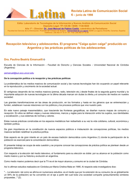 Recepción Televisiva Y Adolescentes. El Programa "Caiga Quien Caiga" Producido En Argentina Y Las Prácticas Políticas De Los Adolescentes