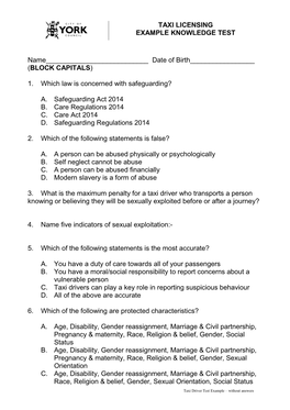 TAXI LICENSING EXAMPLE KNOWLEDGE TEST Name___Date of Birth