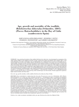 Age, Growth and Mortality of the Toadfish, Halobatrachus Didactylus (Schneider, 1801) (Pisces: Batrachoididae), in the Bay of Cádiz (Southwestern Spain)