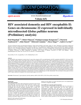 HIV Associated Dementia and HIV Encephalitis II: Genes on Chromosome 22 Expressed in Individually Microdissected Globus Pallidus Neurons (Preliminary Analysis)