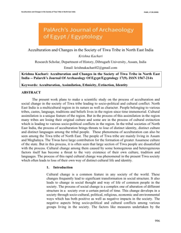 Acculturation and Changes in the Society of Tiwa Tribe in North East India PJAEE, 17 (9) (2020)