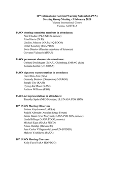 10Th International Asteroid Warning Network (IAWN) Steering Group Meeting - 5 February 2020 Vienna International Centre Vienna, AUSTRIA