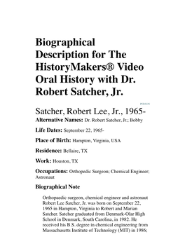 Biographical Description for the Historymakers® Video Oral History with Dr