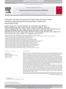 Orthostatic Vital Signs Do Not Predict 30 Day Serious Outcomes in Older Emergency Department Patients with Syncope: a Multicenter Observational Study