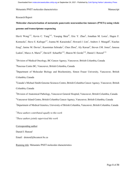 Molecular Characterisation of Metastatic Pancreatic Neuroendocrine Tumours (Pnets) Using Whole