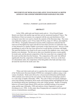 Movements of Monk Seals Relative to Ecological Depth Zones in the Lower Northwestern Hawaiian Islands