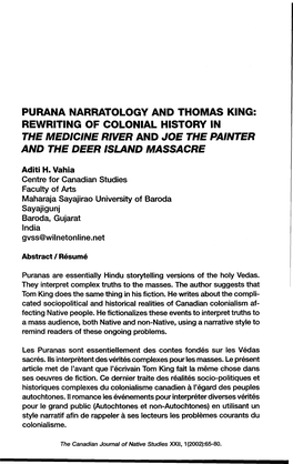 Purana Narratology and Thomas King: Rewriting of Colonial History in the Medicine River and Joe the Painter and the Deer Island Massacre