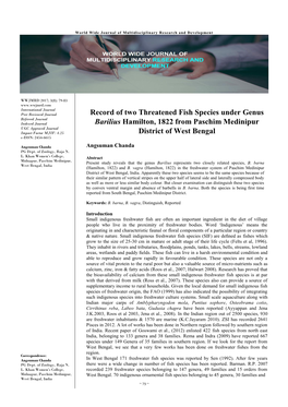 Record of Two Threatened Fish Species Under Genus Barilius