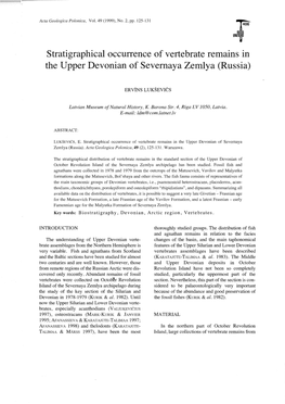 Stratigraphical Occurrence of Vertebrate Remains in the Upper Devonian of Severnaya Zemlya (Russia)