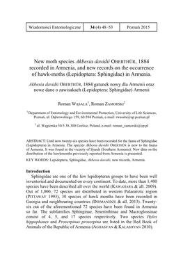 New Moth Species Akbesia Davidii OBERTHÜR, 1884 Recorded in Armenia, and New Records on the Occurrence of Hawk-Moths (Lepidoptera: Sphingidae) in Armenia