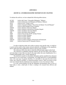 Appendix I: Archival and Bibliographical References by Chapter