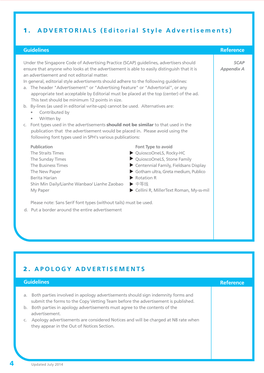 1 . ADVERTORIALS (Editorial Style Advertisements) 2 . APOLOGY ADVERTISEMENTS