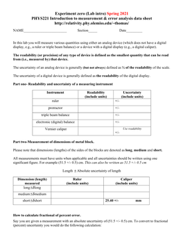 Experiment Zero (Lab Intro) Spring 2021 PHYS221 Introduction to Measurement & Error Analysis Data Sheet