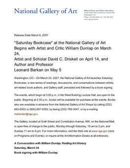 At the National Gallery of Art Begins with Artist and Critic William Dunlap on March 24, Artist and Scholar David C