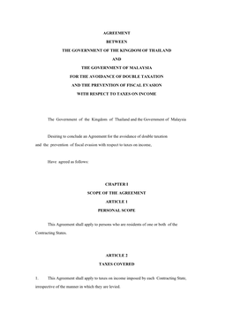 Agreement Between the Government of the Kingdom of Thailand and the Government of Malaysia for the Avoidance of Double Taxation