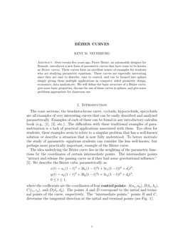 BÉZIER CURVES 1. Introduction the Conic Sections, the Brachistochrone